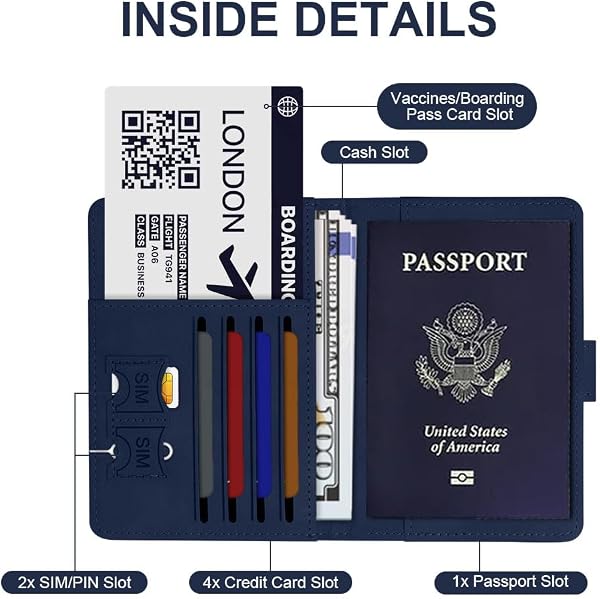 OFFCUP Funda Pasaporte, Porta Pasaporte con Bloqueo RFID, Cuero de PU Porta Documentos Viaje con Identificador De Maletas para Pasaportes Tarjetas Crédito Funda Tarjeta Identific (Azul Oscuro) - 4