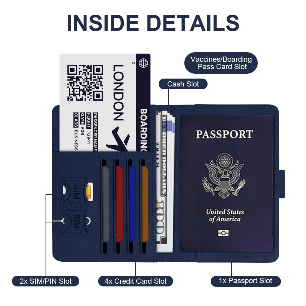 OFFCUP Funda Pasaporte, Porta Pasaporte con Bloqueo RFID, Cuero de PU Porta Documentos Viaje con Identificador De Maletas para Pasaportes Tarjetas Crédito Funda Tarjeta Identific (Azul Oscuro) - 5