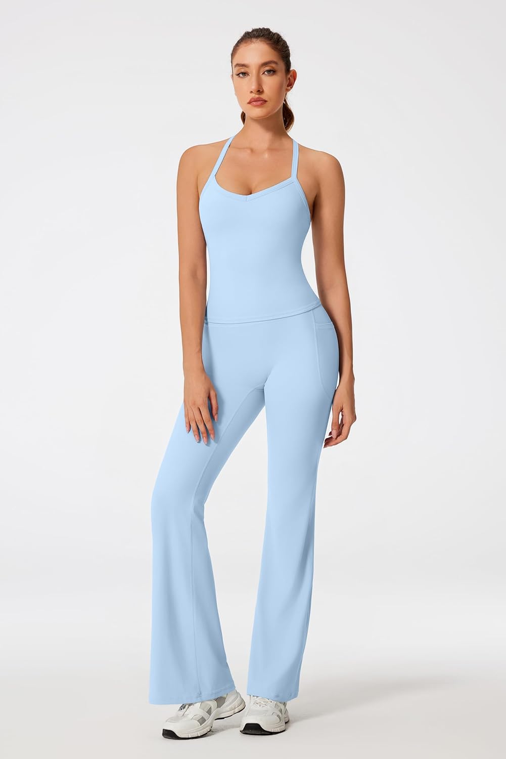 RXRXCOCO Cross Back Workout Sets for Women 2 Piece Padded Tank Tops Flare Leggings Gym Outfits with Pockets - Image 3