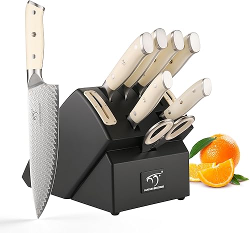 NANFANG BROTHERS Juego de 10 cuchillos para cocina con bloque, juego de cuchillos de cocina de Damasco con bloque, mango ergonómico ABS para juego