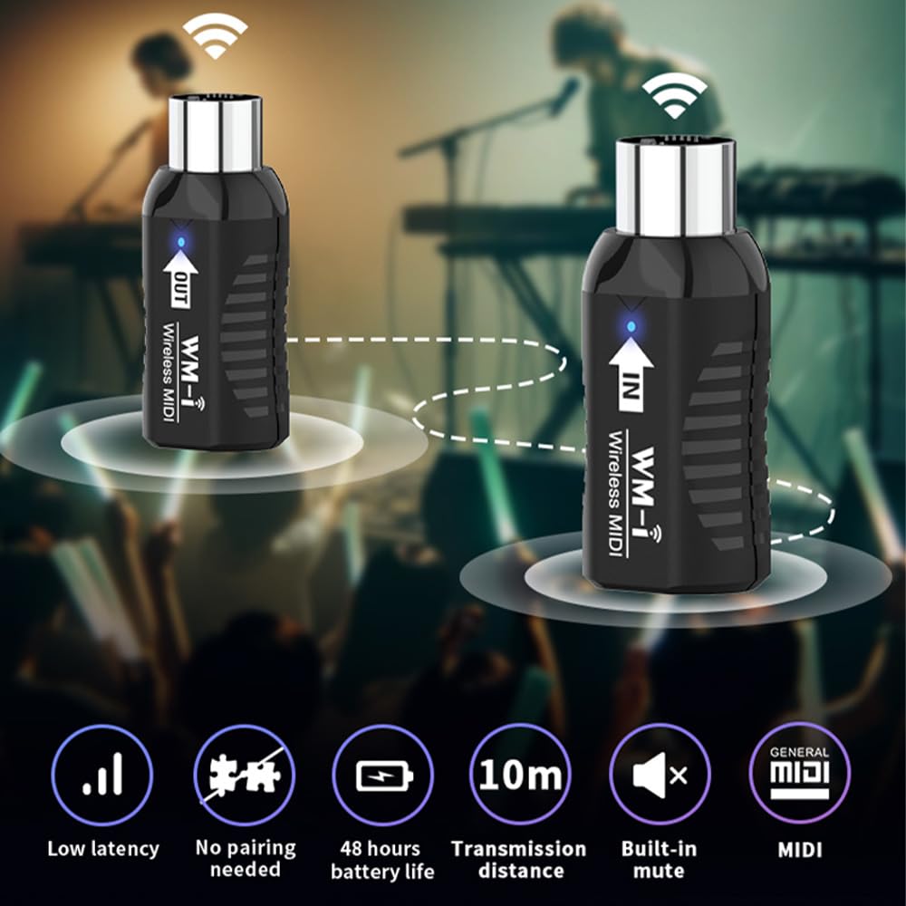 Kavolet Adattatore MIDI senza fili, trasmettitore/ricevitore audio ricaricabile, 2,4 GHz, latenza estremamente bassa, connettore MIDI portatile integrato silenzioso per strumenti a fiato tastiera