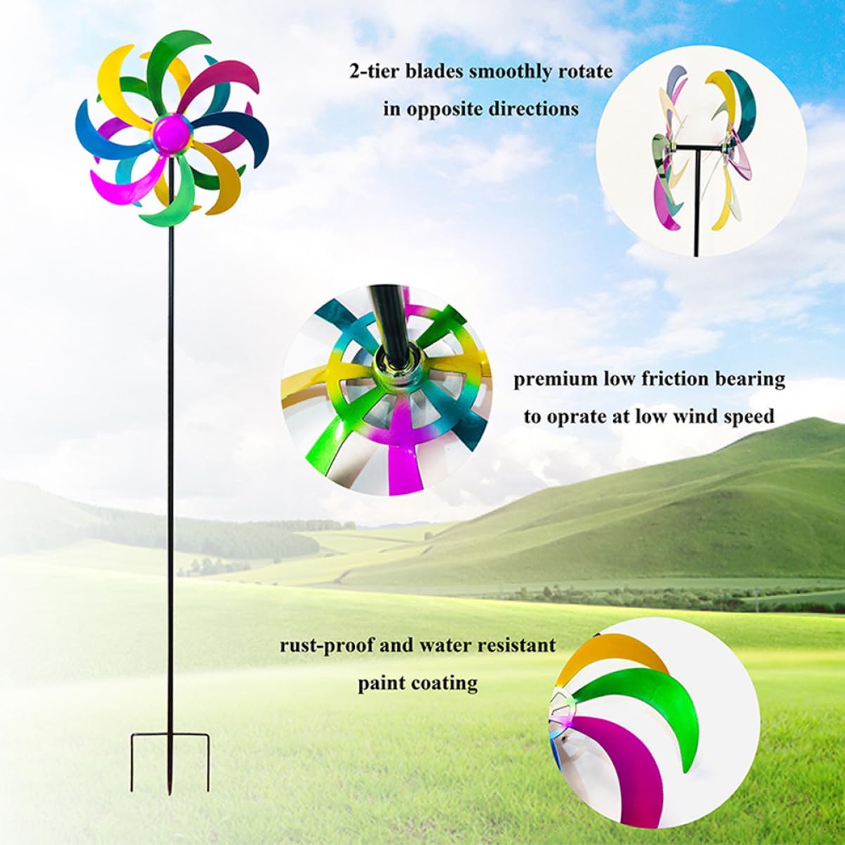 Happyyami Buntes Regenbogen Windrad aus Eisen für Garten und Hof, 1 Stück | Fröhliches Design, Leuchtende Farben, für Rasenflächen und Außenbereiche