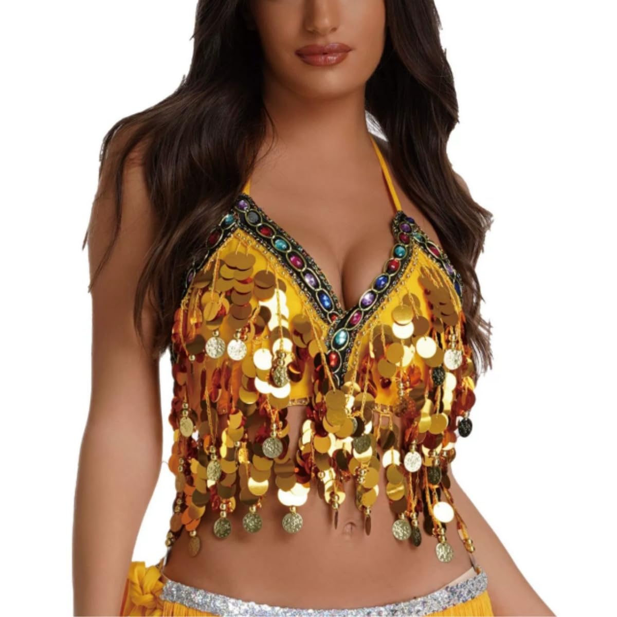 SamHeng Haut brassière de danse orientale latine paillettes, Top court dos nu à franges et paillettes scintillantes pour femme, Débardeur tube dos nu sexy à bretelles Pour soirée, carnaval, rave