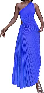 Wedding Guest Dress Women One Shoulder Maxi Dress Sleeveless Ruched Long Dress Asymmetrical Hem Cocktail Dress
