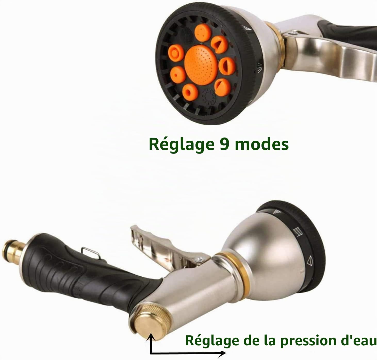Métal Pistolet Arrosoir, Tuyau d'arrosage Flexible Rétractable, connecteur en Laiton Plein, 9 Fonctions Pistolet, Flexible pour Irrigation, Inclure la vanne d'arrêt（25FT - Contraction 7.6FT）