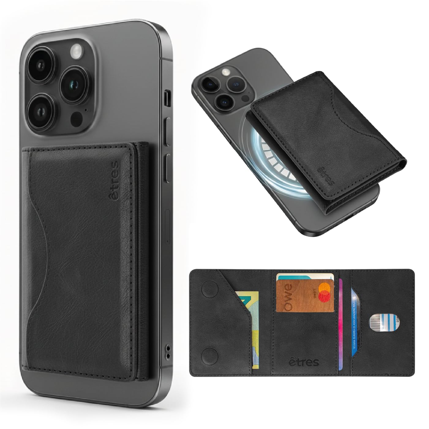 Etres Portafoglio Magsafe, Rfid protezione, o pagamento contact less, Compatibile con MagSafe per iPhone 16/15/14/13/12 Serie, Porta Carte in PU leather, tasca contanti e 6 tasche per le carte (NERO)