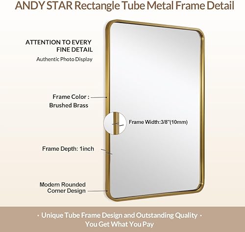 Miniatura 4 de ANDY STAR Espejo de baño de latón, 22 x 30 pulgadas, espejo rectangular redondeado, espejo de tocador de baño dorado cepillado, marco de tubo de