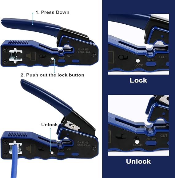 RJ45 Crimp Tool Pass Through Ethernet Crimper for Cat6 Cat5e Cat6a, All-in-One Tool Cuts, Strips, Crimps, Fast and Reliable