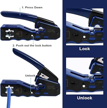 RJ45 Crimp Tool Pass Through Ethernet Crimper for Cat6 Cat5e Cat6a, All-in-One Tool Cuts, Strips, Crimps, Fast and Reliable