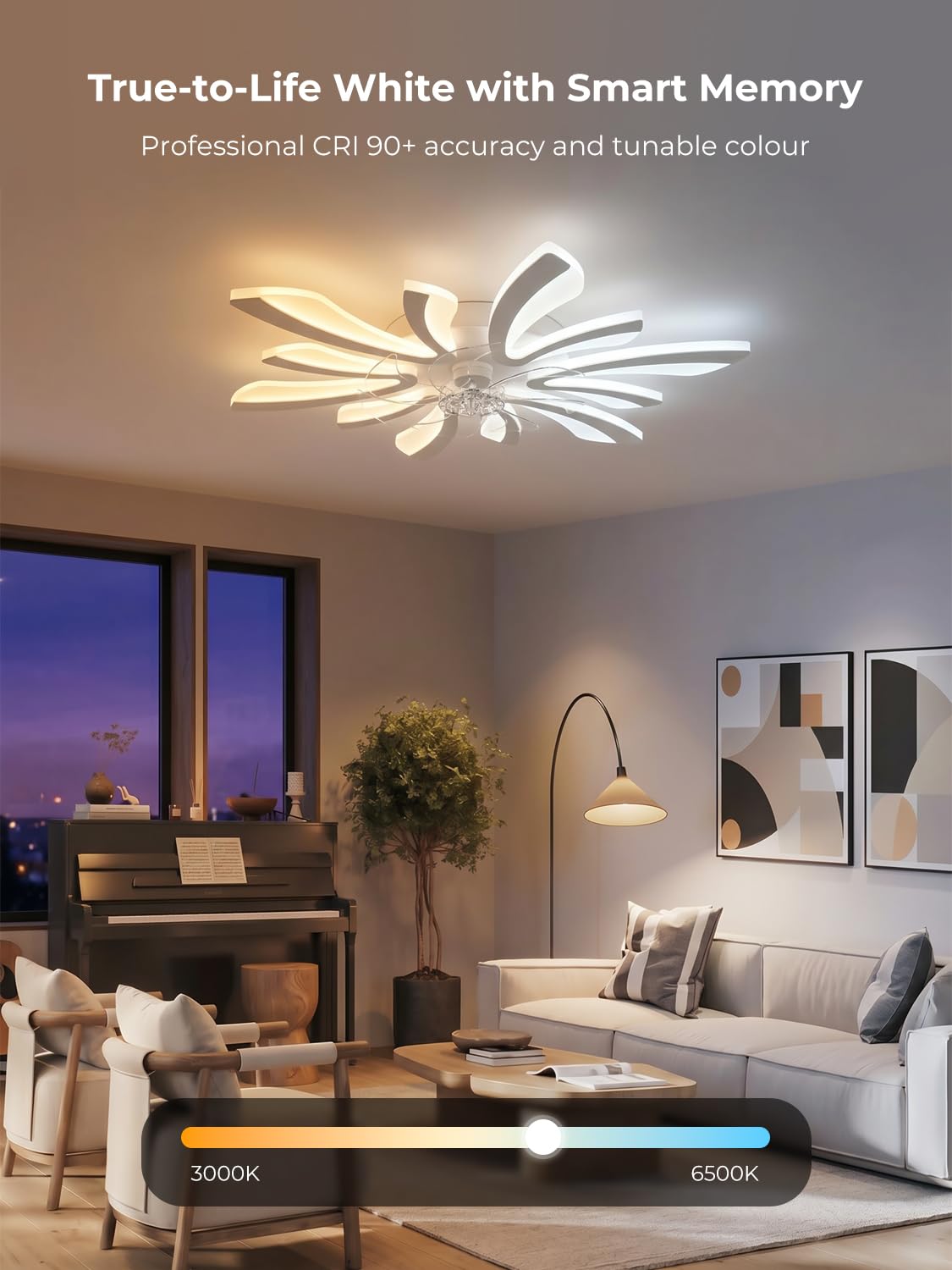 Smart Lampadario con Ventilatore da Soffitto, WiFi Plafoniera con Ventilatore Compatibile con Alexa Google Home, Lampada con Ventola Techo per Camera da letto, Cucina, Bianco