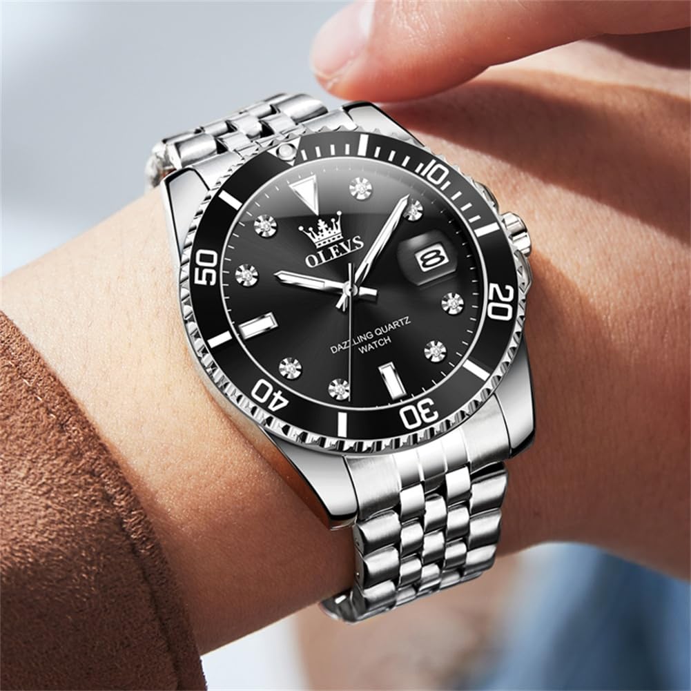 OLEVS Edelstahl Armbanduhr Herren Wasserdicht, Modern Groß Uhr Herren mit Datum, Quarz Analog Leuchtziffern Herrenuhren mit Metallarmband Geschenke für Männer Geschenke