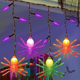 Halloween Spider Curtain Lights,7Ft Halloween Spider String Lights with 10 Spider Lights and 15 Purple Mini Lights Spider Curtain String Lights Plug in for Outdoor Indoor Window Patio Halloween Decor