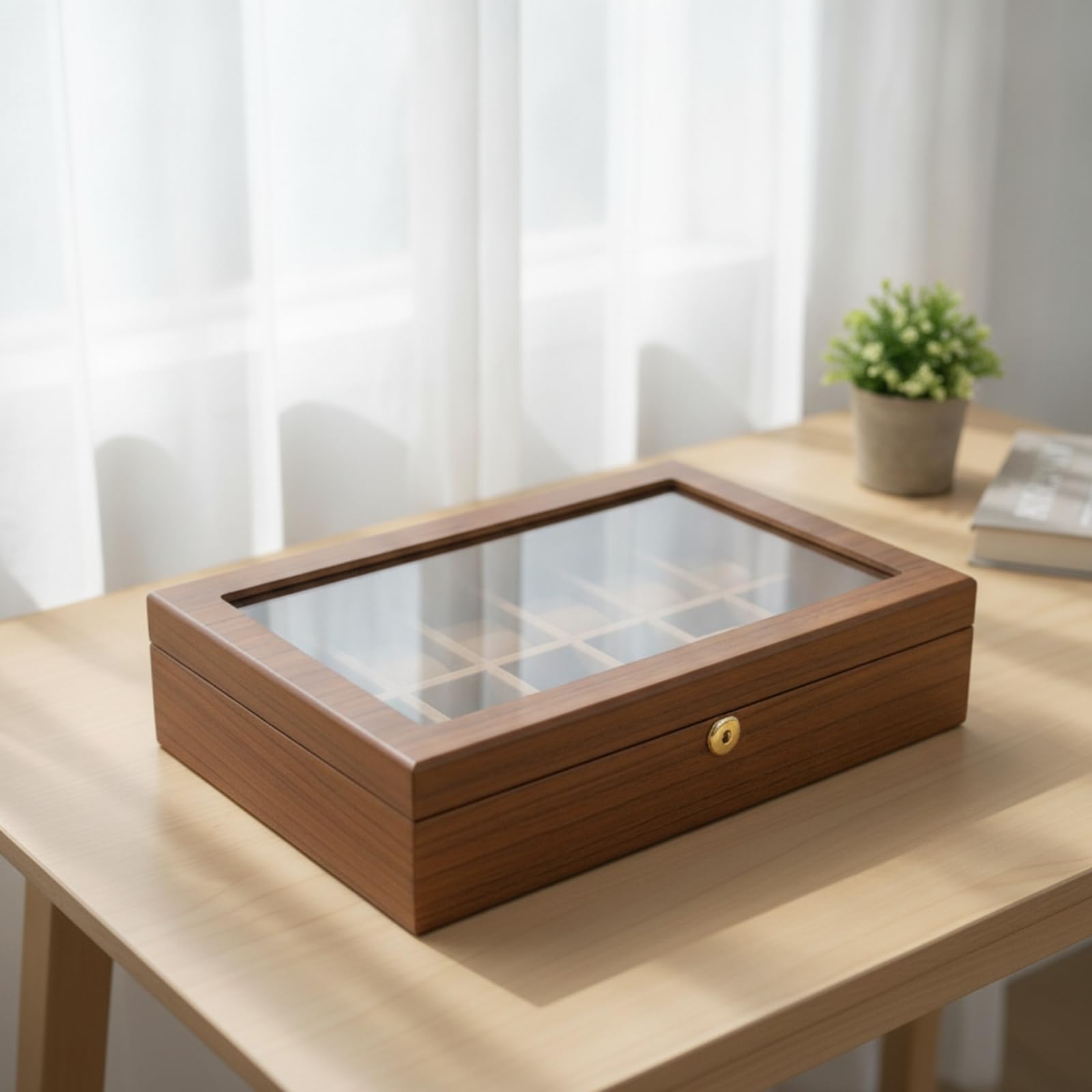 Caja Relojes Acolchado Estuche con Tapa Transparente Organizador para Coleccionistas, Caja De Madera De Nogal De 12 Ranuras