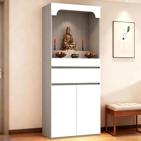 Altar Table with Drawers and Storage Cabinets - Solid Wood Prayer Table for Home