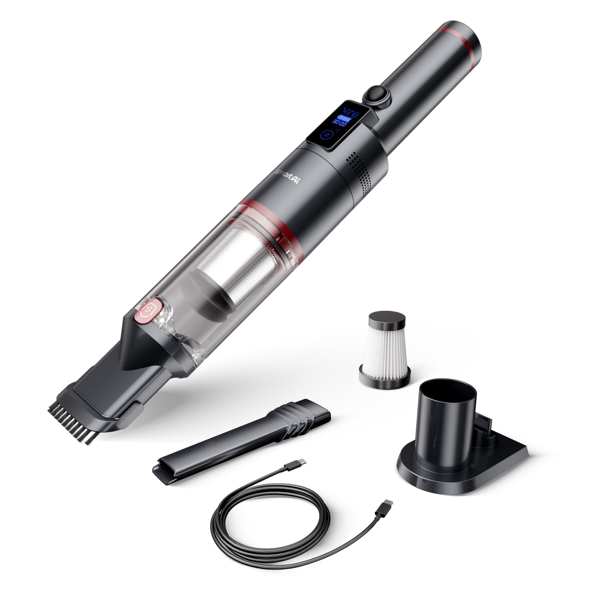 Aspirateur à Main 17000Pa LED sans Fil Autonomie de 30 Minutes Sac Aspirateur léger sans Fil pour Voiture, Maison, Camping-Car, Poils d'animaux avec Support de Charge, Charge de Type C