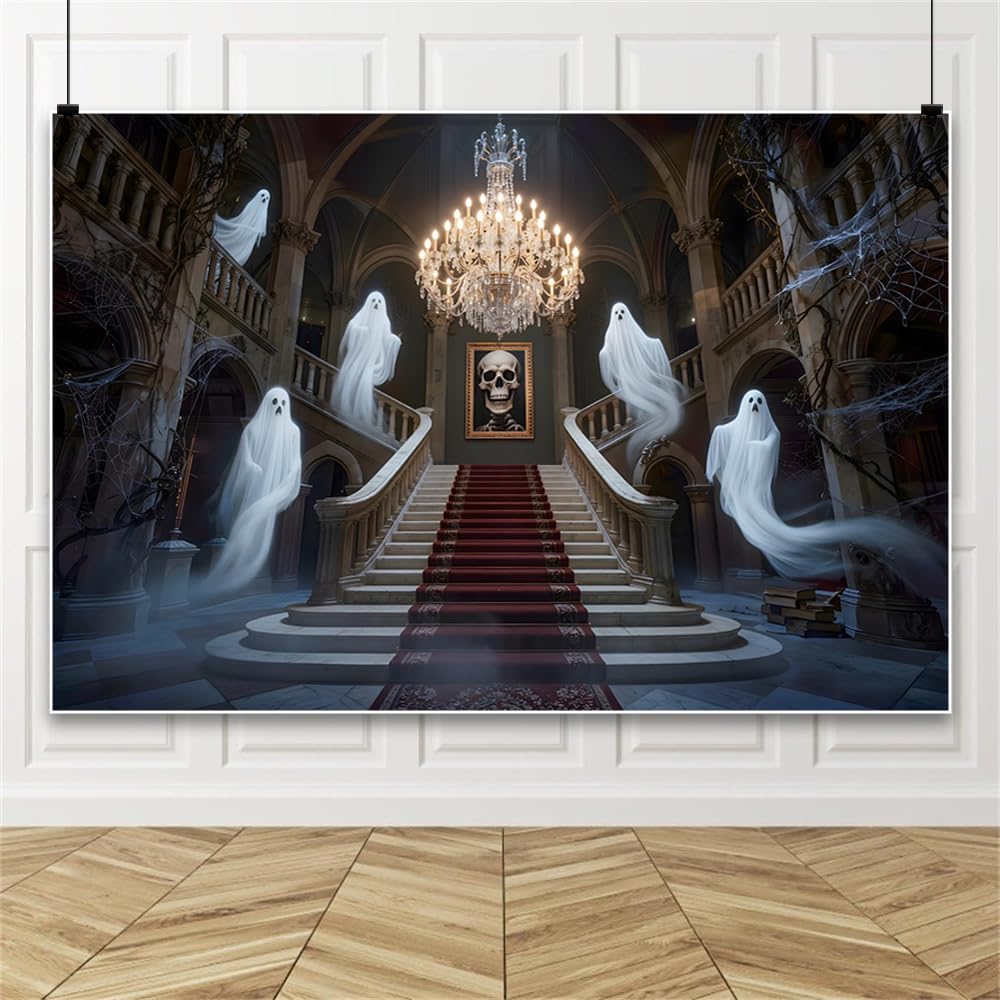 3 x 2,4 m sfondo fotografico di Halloween – spettrale castello stregato fantasma teschio lampadario sfondo fotografia palazzo medievale scala Halloween horror festa compleanno banner photo