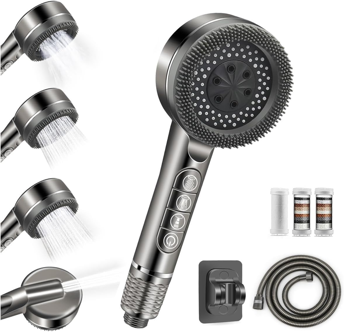 High Pressure Shower Heads, Hard Water Filter Shower Head with 1.5m Shower Hose and Shower Stand, 4 Mode Power Shower Head with Pause Switch, Shower Pro Head Showerhead with Water Filter, Grey