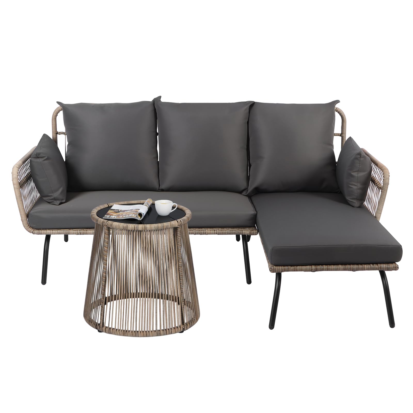 Panana 4 Seater Rattan Garden Sofa Set, L-Shaped Outdoor Patio Seating Furniture with Coffee Table & Cushions, Wicker Lounge Set for Garden, Conservatory, Decking