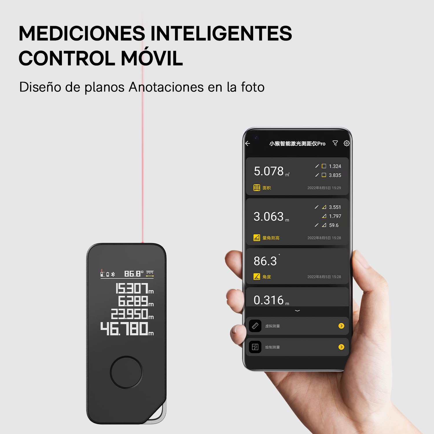 HOTO Medidor Láser Pro con Bluetooth, USB-C Recargable, 5 Modos, Pantalla LED a Color, 850 mAh, 0.05-50m, Unidad M/Ft/in, Herramienta de Medición Láser de Alta Precisión con Regla Virtual