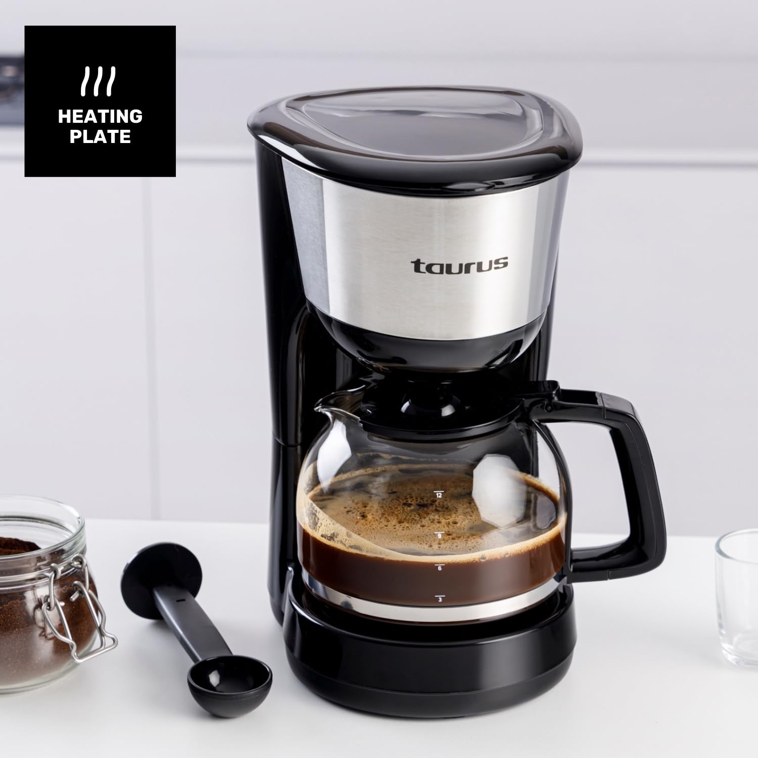 Taurus - Macchina Caffè Filtro Verona 12 | 1000W | 12 Tazze | Pure Coffee Technology | Filtro Riutilizzabile | Caraffa in Vetro | Finiture Acciaio Inox | Piastra Riscaldante | Spegnimento Automatico.