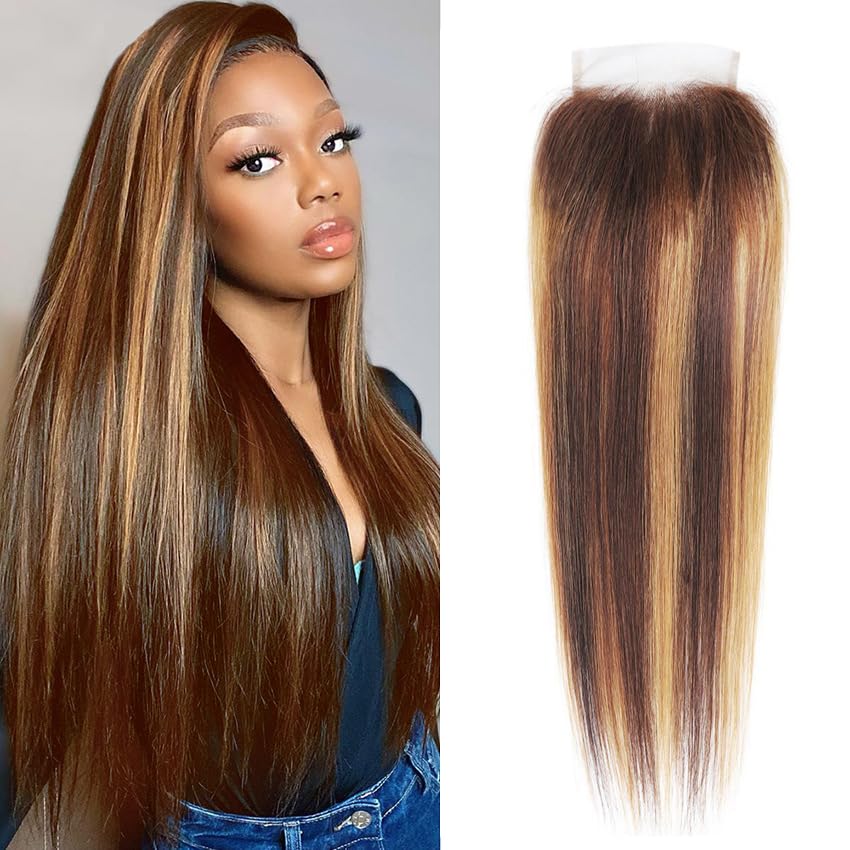 Human Hair Closure 4x4 Hd Lace Ombre P4/27 Two Tone Brown Mix Honey Blonde 130% Density 16 Inch Straight Transparent Lace Pre Plucked With Baby Hair 4x4 Lace Closure Human Hair
