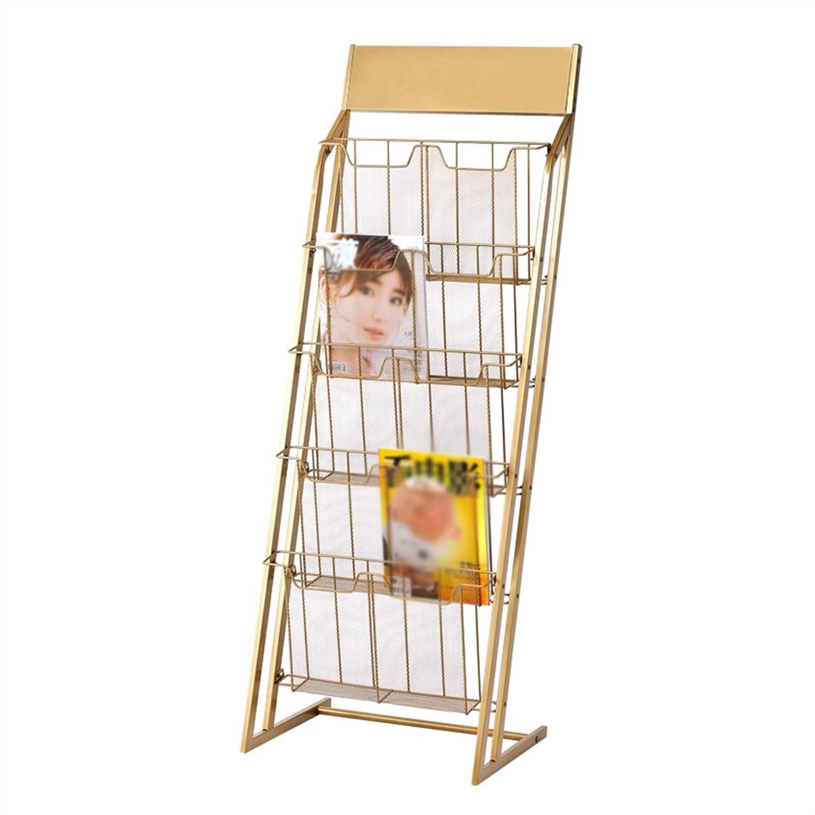 ASerZenith Floor-Standing Magazine Rack, 5-Layer Magazine Holder Brochure Stand, Floor-Standing Information Display Stand, Magazine Rack for Newspaper and Products Exhibition,Displ (Gold)