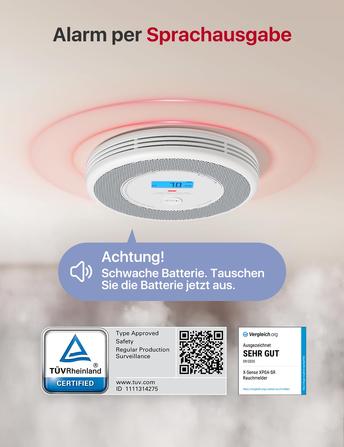 X-Sense Rauch und CO Melder, Unabhängiger kombinierter Rauch- und Kohlenmonoxidmelder mit Sprachausgab, austauschbarer Batterie, Keine Unterstützung für APP und SBS50 Basisstationen, XP0A-SR, 1er-Pack