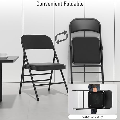 Miniatura 9 de Paquete de 6 sillas plegables negras con cojín acolchado de tela, juego de sillas de comedor acolchadas portátiles para interiores y exteriores,