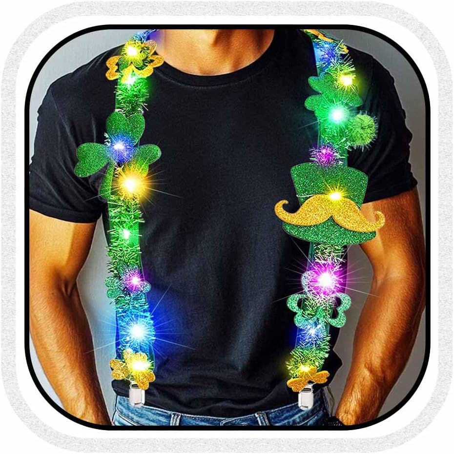 Light Up St Patrick's Day Suspenders Shamrock Clover Suspenders LED Irish Accessories for Men and Women