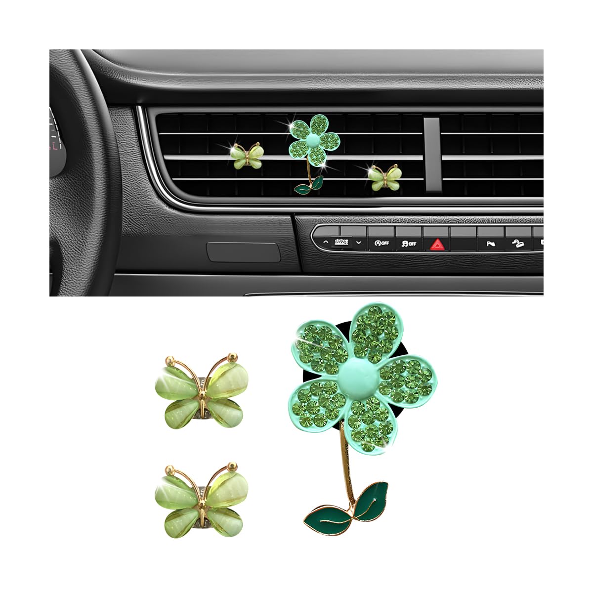 3PCS Bling Car Air Vent Clips, Butterfly Flower Rhinestone Vehicle Conditioning Outlet Clamps, Diamond Vent Clip Charm Decoration for Women Girls, Universal Automotive Accessories (Green)