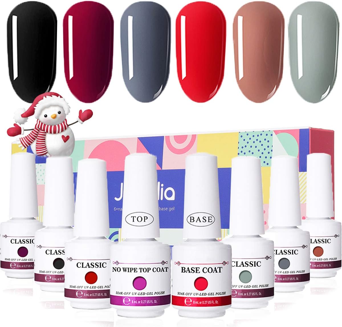 Janolia Gel Nail Polish Set, 8x 8 ml UV LED Soak Off Gel, 6 Colors with Top Coat and Base Coat, DIY Nail Art Gifts Box