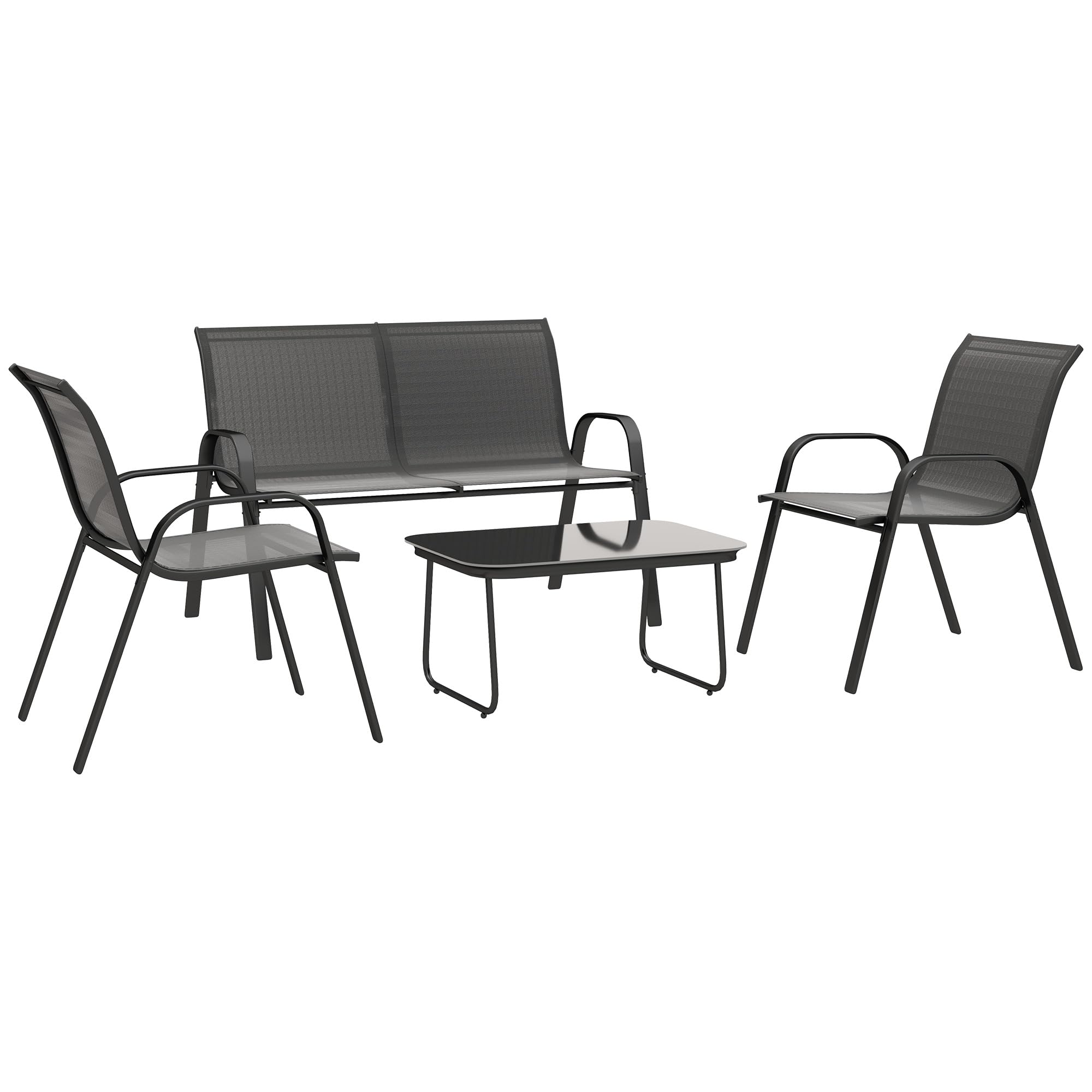 Outsunny Set Salotto da Giardino 4 Pezzi, Divanetto 2 Posti, 2 Sedie Impilabili, Tavolo Caffè Vetro, Acciaio, Texteline Nero