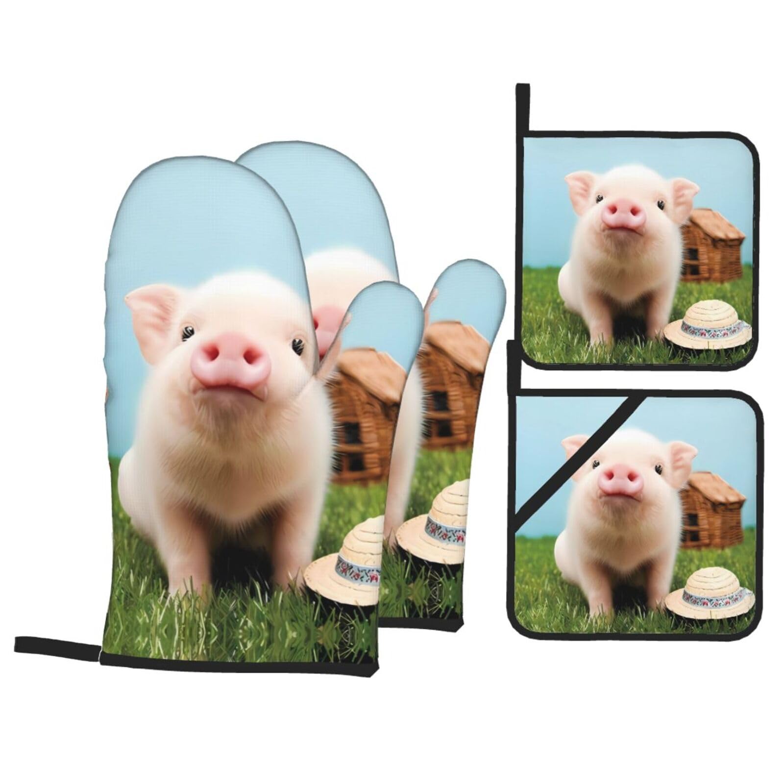 Cute Pig Printed Baking 4-Piece Set, includes oven mitts and a heat-resistant mat, suitable for oven and BBQ use