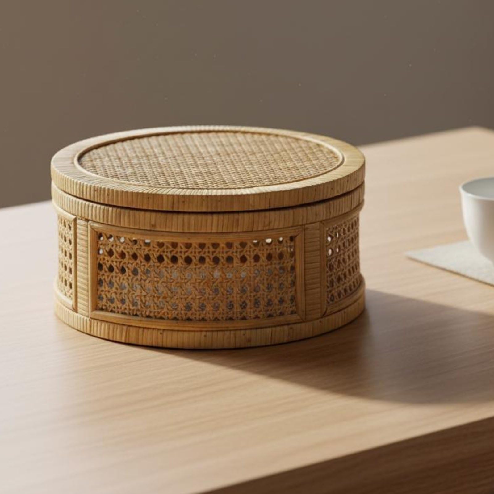 Cestino Portatutto Cestino Intrecciato Scatola Rotonda Scatola con Coperchio Organizer per Ordine Domestico Traspirante Artigianale in Rattan, L