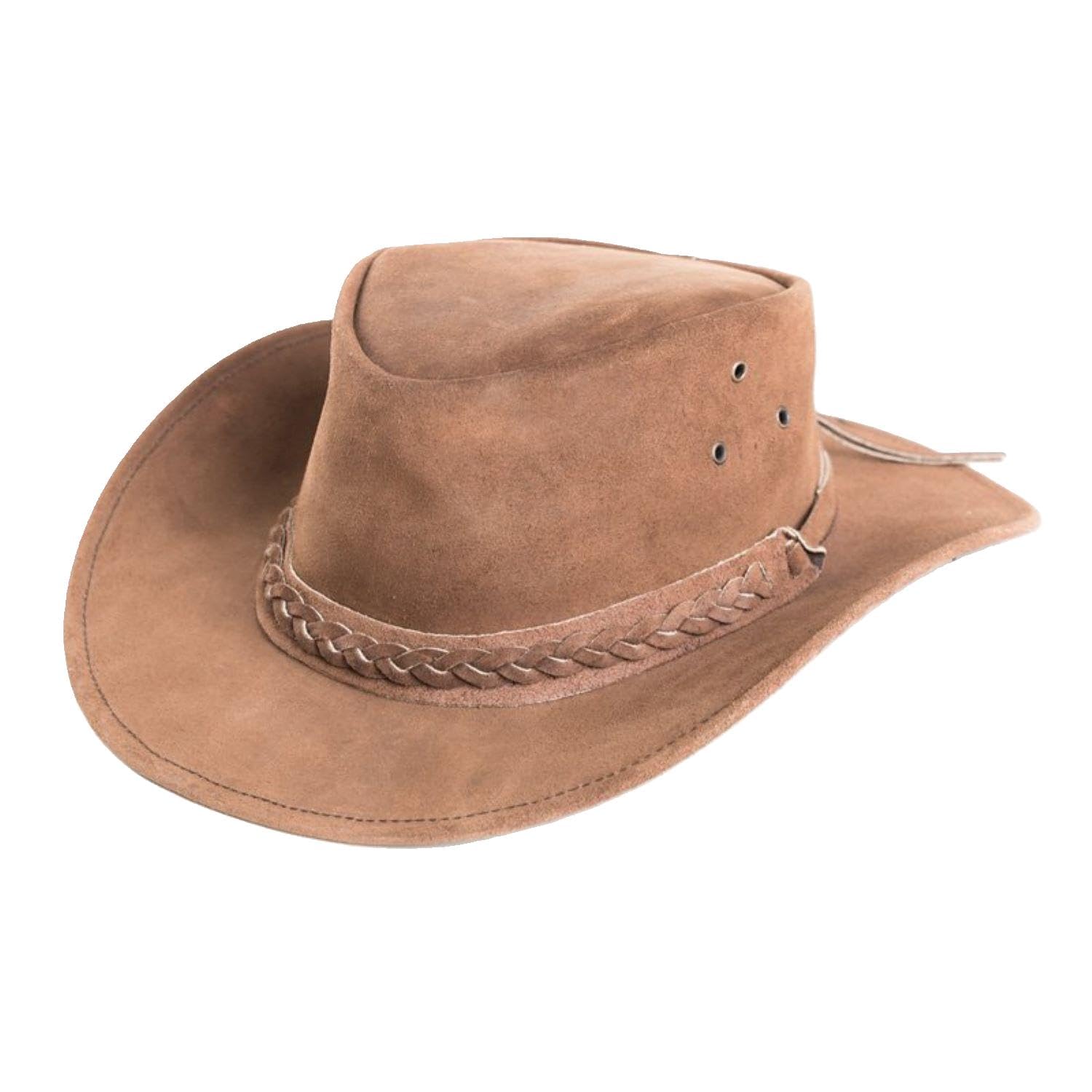 Suede Leather Aussie Cowboy Hat with Braided Band and Adjustable Chin Strap (UK, Alpha, XL, Brown)
