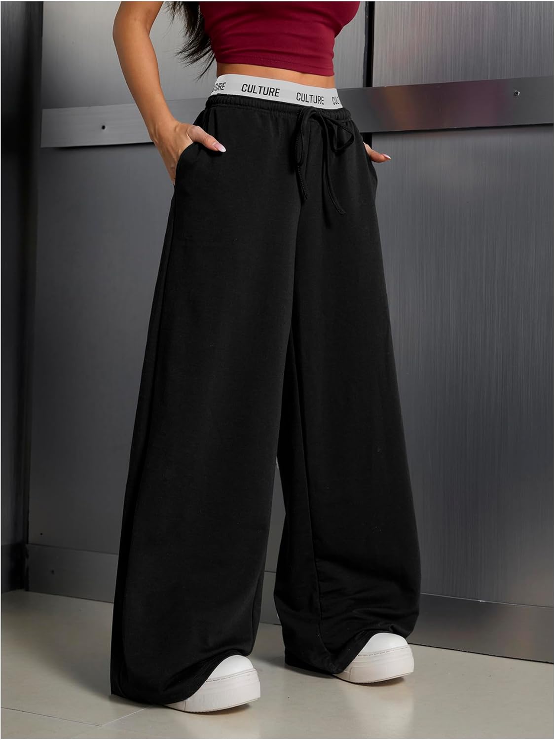 WDIRARA Women's Letter Tape Drawstring Waist Wide Leg Sweatpants Athletic Workout Baggy Pants with Pockets - Image 4