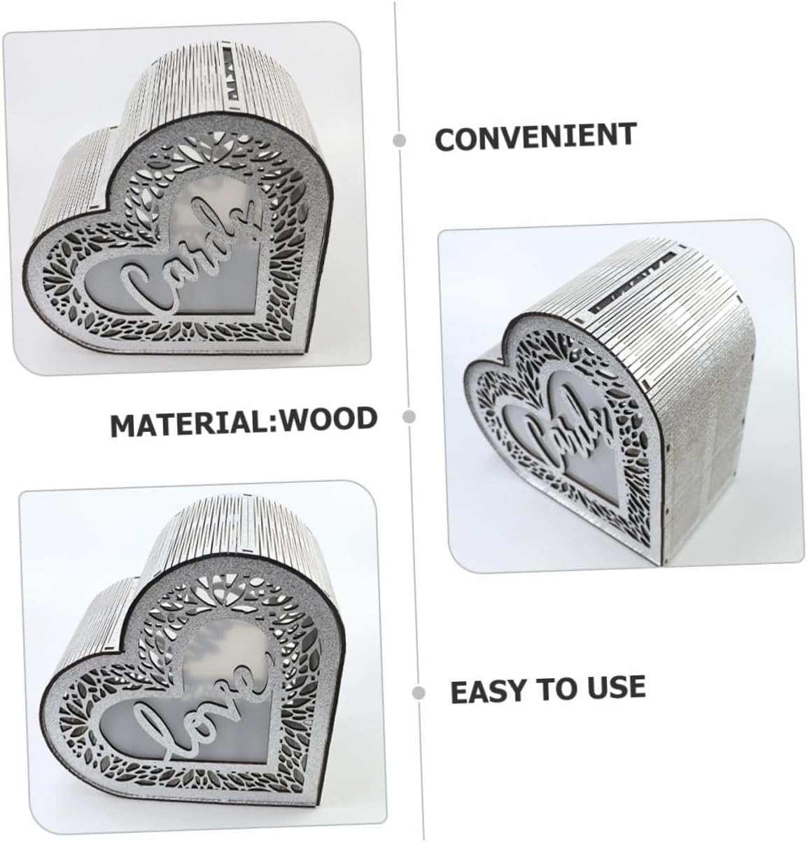 OUNONA Wooden Hollow Heart-shaped Card Box with Glitter Anniversary Greeting Blessing Storage Container for Wedding Birthday Party Decoration
