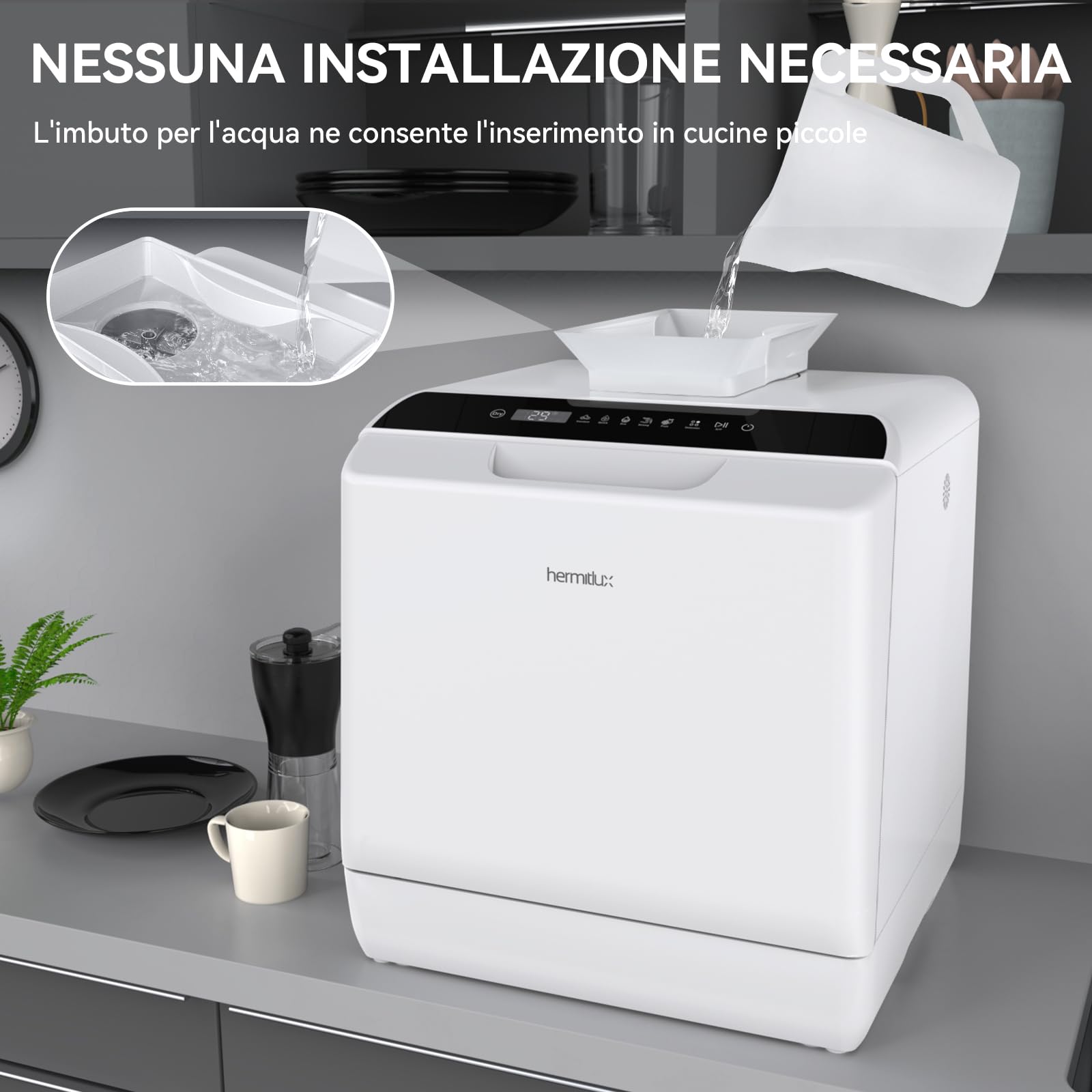 Hermitlux Lavastoviglie piccola con 4 Coperti, 6 Programmi lavastoviglie mini, Controllo touch, utilizzabile in Campeggio, Cucina, Ufficio, Bianco