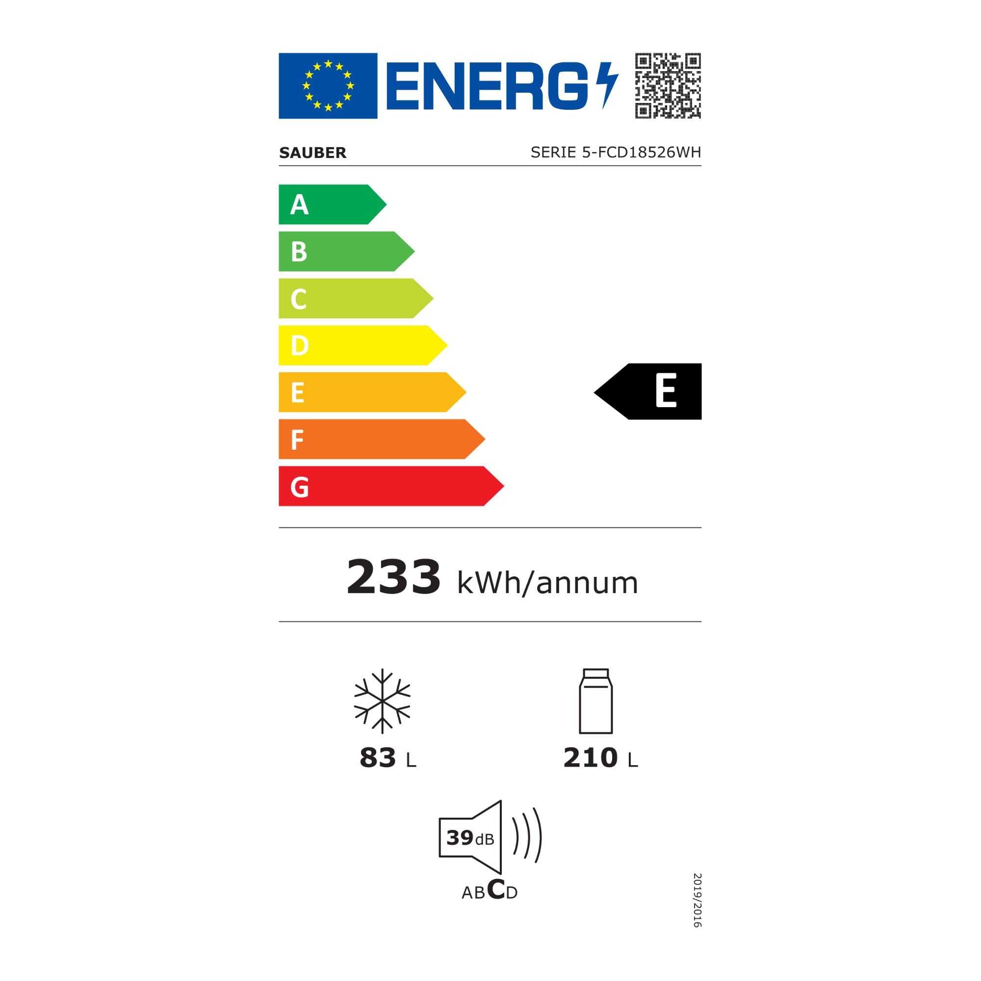 SAUBER, Frigorífico Combi Serie 3-FCD18526WH Tecnología TOTAL NOFROST, Luz LED, E, Puertas Reversibles, Blanco, 293 L, 186 x 60cm, DISPLAY, ZeroClearance®, ENTREGA Y RETIRADA USADO DOMICILIO