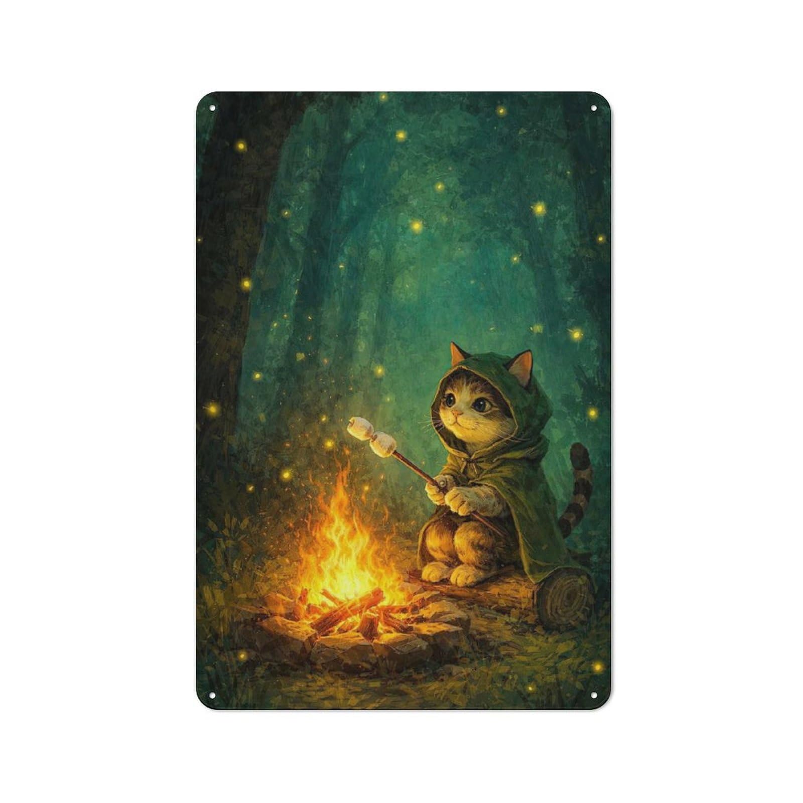 Junmoney Style-10 Tin Wall Sign With Cat Roasting Marshmallows By Campfire Design 30X20cm, Cosy Cafe Wall Decor For Kitchen, Cafe, Pantry Or Dining Room