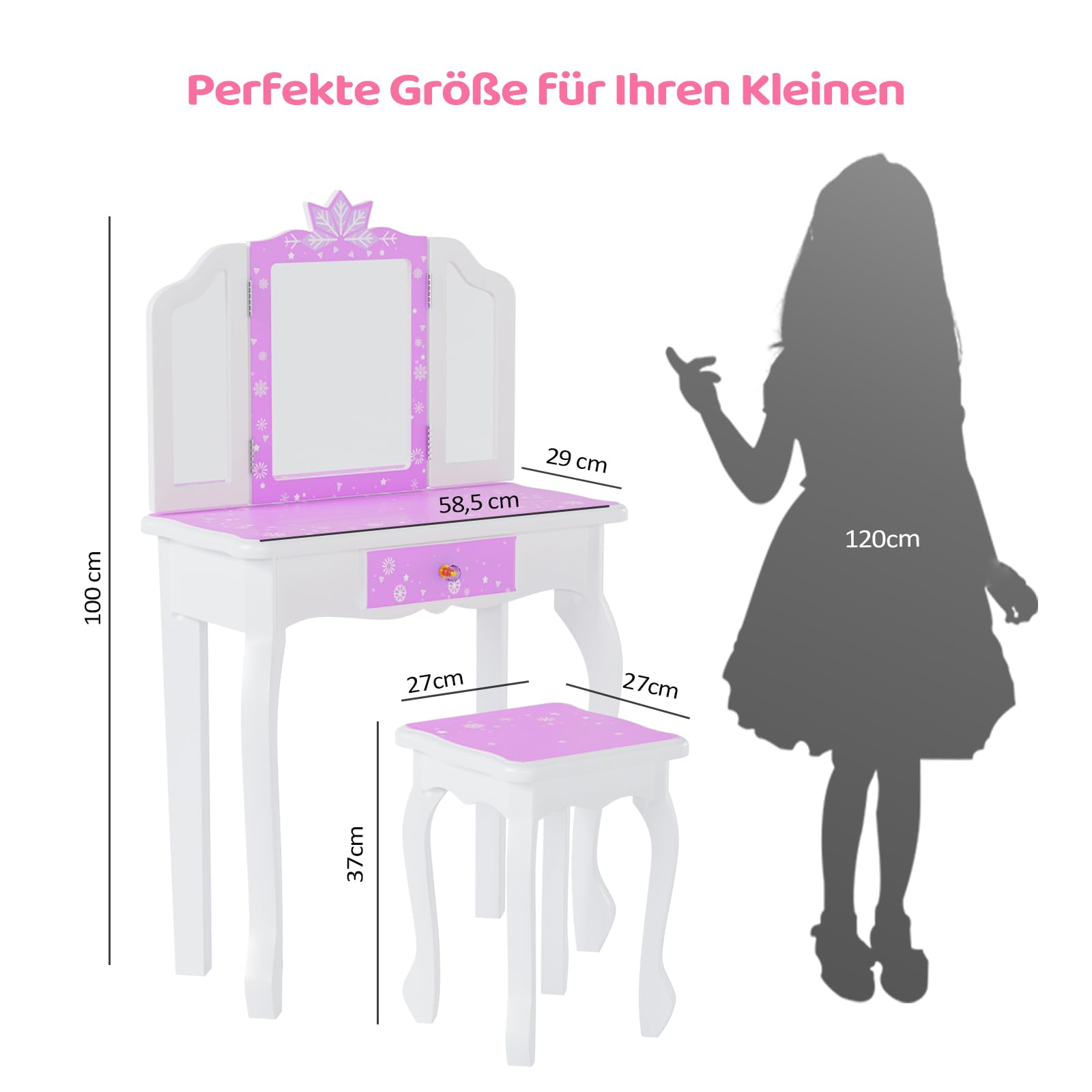 Bonnlo Schminktisch mit Hocker und Abnehmbarer Spiegel, Kindertisch mit Schublade für Mädchen ab 3 Jahren, Schneeflocken-Muster Lila