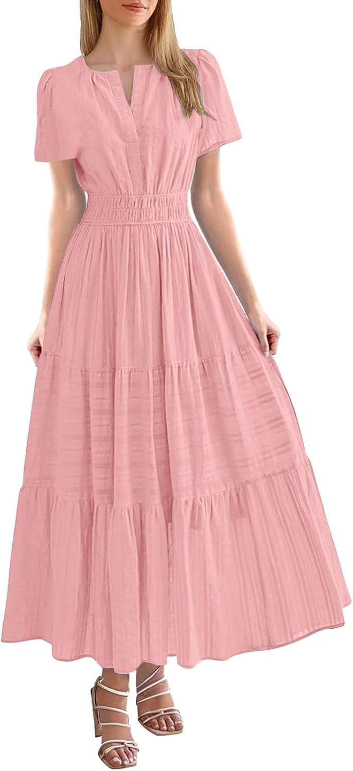 Aniywn Womens Maxi Dress Summer Casual Lightweight Short Sleeve V Neck Elastic Waisted Boho Beach Sundresses with Pockets