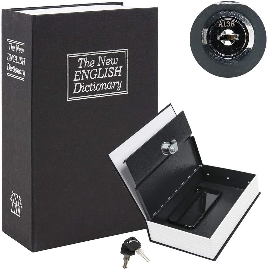 Rubik Book Safe with Key Lock, Home Dictionary Diversion Secret Book Metal Safe Lock Box, 24 x 15.5 x 5.5 cm - Black Medium