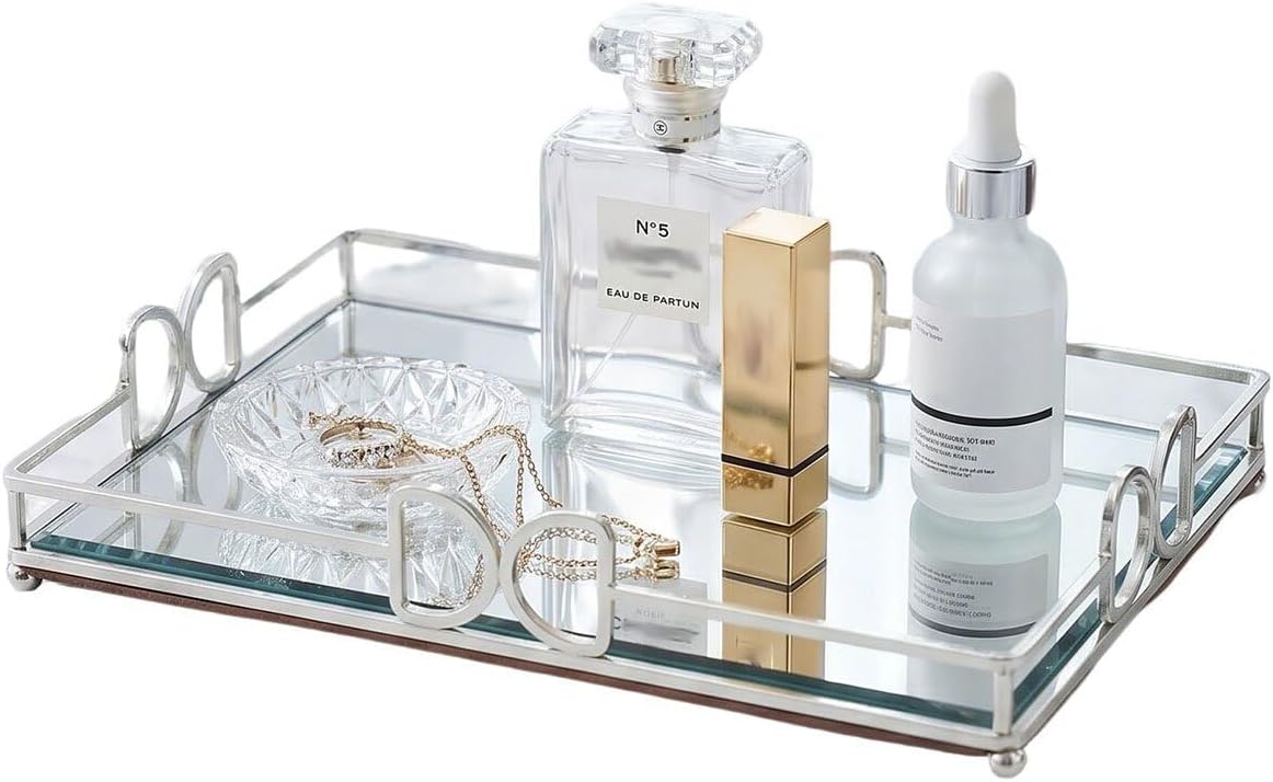 AYEDEY Silver Mirrored Vanity Tray for Dresser, Double-D Perfume Tray Organizer, Decorative Glass Bathroom Counter Tray for Makeup & Jewelry, 12x8x2in