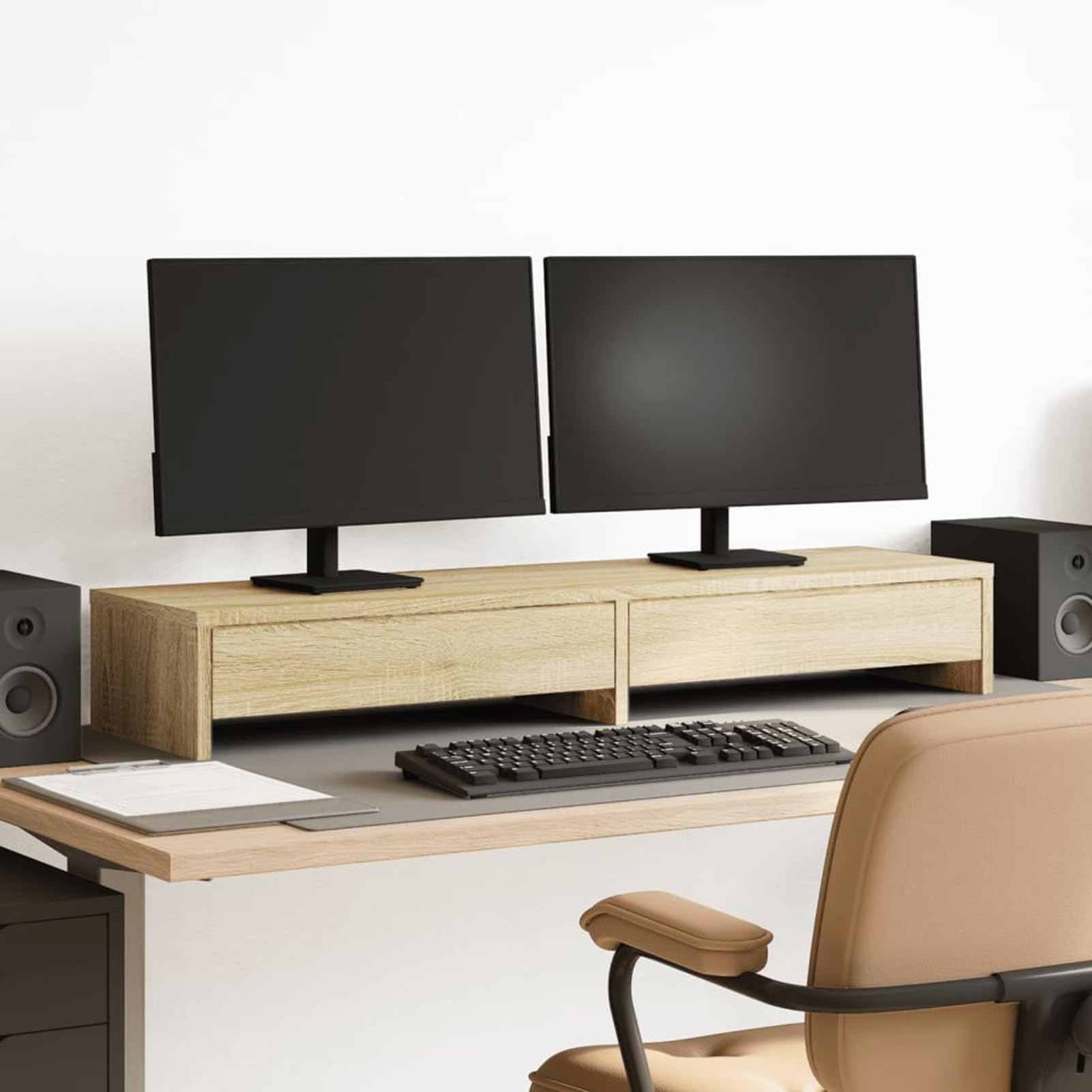 Homgoday Doppelmonitorständer mit Schubladen, Sonoma-Eiche, 100x27x15 cm, Holzwerkstoff, für Büro-Organisation