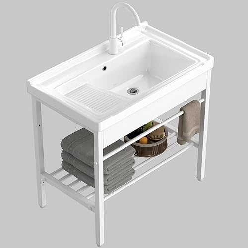 Miniatura 7 de Fregadero de lavandería independiente, fregadero de cerámica con tabla de lavar y grifo, bañera de lavandería para lavandería, garaje, sótano,