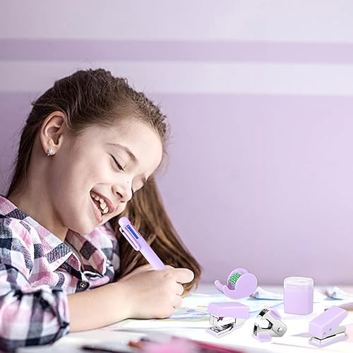 Miniatura 5 de Mini suministros de oficina, suministros escolares morados con notas adhesivas, mini grapadora, dispensador de cinta, perforador, removedor de