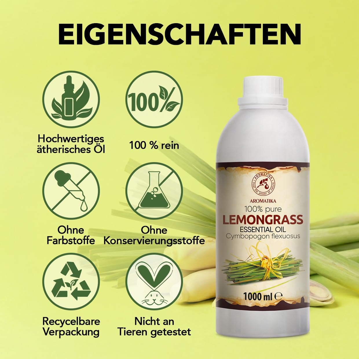 Ätherisches Zitronengrasöl 1000 ml - Cymbopogon Flexuosus - Reines Ätherisches Zitronengras Öl - für Diffusers und Duftlampen - Frischer Duft - für Aromakerze - Seife - Lufterfrischer - Aromatherapie