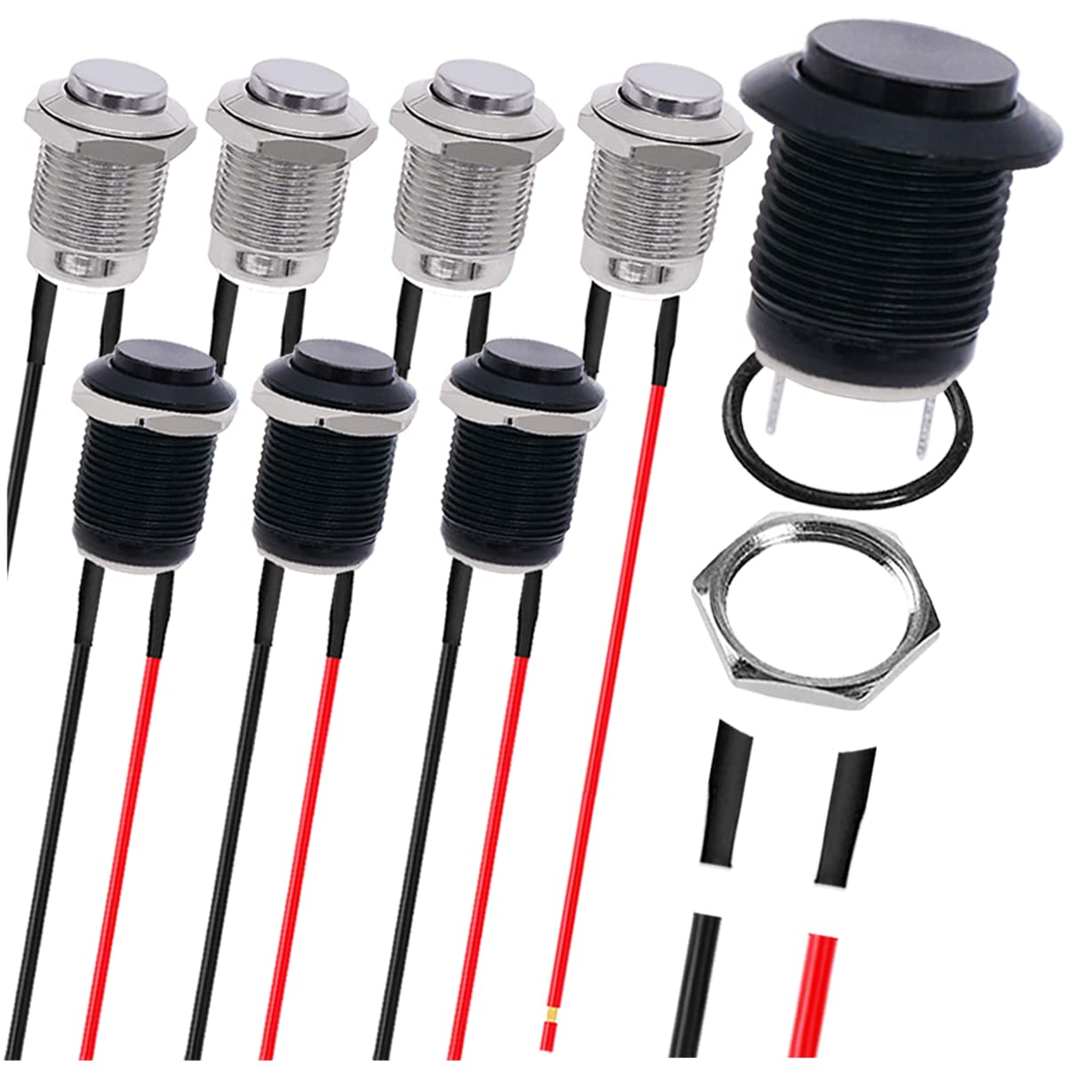 8pcs Momentary Push Button Switch Black Silver Housing with Pre-Wiring IP65 Waterproof Push Button Switch 12mm DC 12V 2A Stainless Steel Without LED for Car Boat