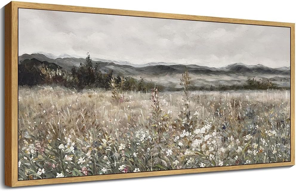 SHENIFY 20x40 Extra Large Vintage Framed Meadow Flowers Landscape Wall Art - Retro Farmhouse Bedroom Living Room Decor
